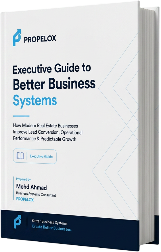 Standing 3D mockup of the Executive Guide to Better Business Systems by PROPELOX